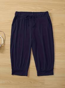 Plus Size Women Casual Solid Color Drawstring Waist Pants Summer - Navy Blue - View 3