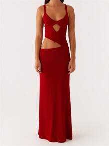 Women Slip Dress, Sleeveless V-Neck Backless Hollowed Swing Dress Summer Long Dress For Cocktail Party - Đỏ - Xem 1