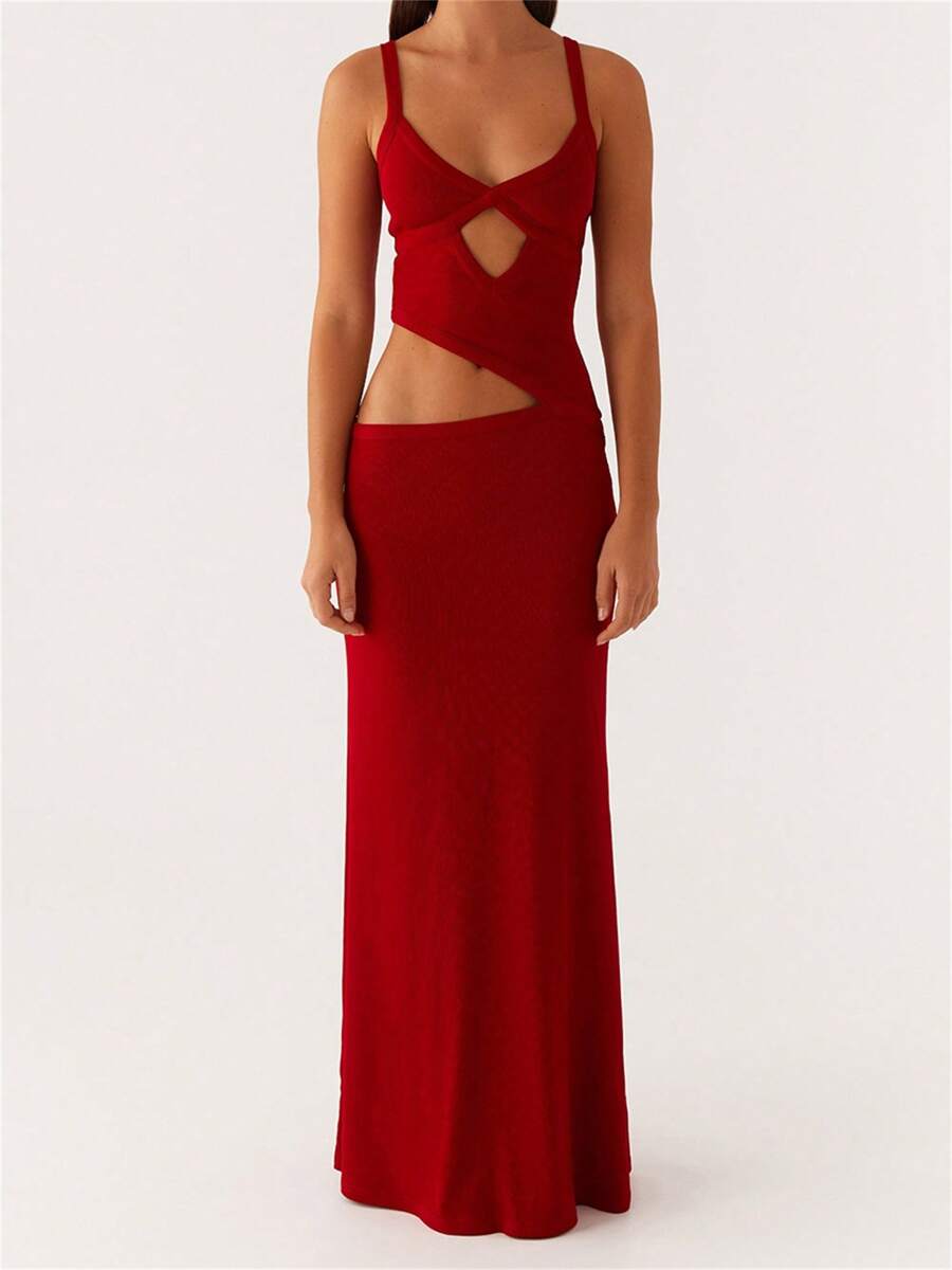 Women Slip Dress, Sleeveless V-Neck Backless Hollowed Swing Dress Summer Long Dress For Cocktail Party - Đỏ - Xem 1