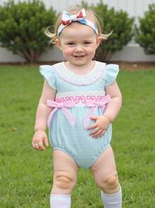 Baby Girl Easter Romper Ruffle Sleeveless Round Neck Stripes Print Bodysuit Newborn Outfit - Blue - View 5