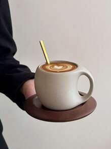 1 套复古陶瓷咖啡杯碟，配木杯垫和金属勺，手工乡村陶器设计，个性化情侣咖啡杯套装，重返校园