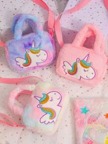 1pc Kid's Cartoon Plush Unicorn Crossbody Bag, Cute Shibori Dye Square Small Bag With Adjustable Strap For Coins, Accessories, Toys, Random Shibori Placement