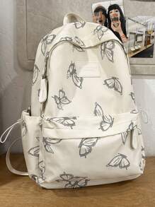 1pc White Nylon Casual Lightweight Butterfly Allover Print Large Capacity Foldable Water-Resistant Multipocket Zipper Backpack, Suitable For Teenagers, High School & College Students, Daily Commute, Travel, Graduation Gift