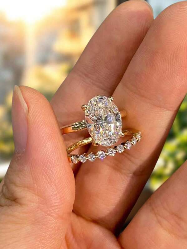2pcs Set S925&925 Sterling Silver 2ct Oval Shape Set Elegant For Women Dating Party Ring Anniversary Occasion Exquisite Women's Jewelry Gift
