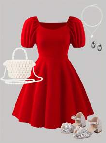 Girls' Ruffled Puff Sleeve Princess Birthday Party Dress - Red - View 1