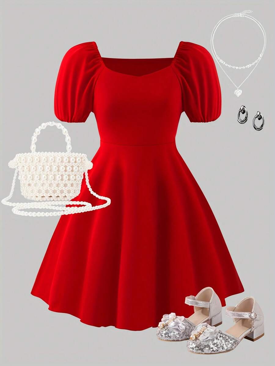 Girls' Ruffled Puff Sleeve Princess Birthday Party Dress - Red - View 1