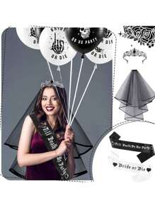 1/7/16pcs Bridal Or Bachelorette Party Decorations Till Death Party Favors Including Heart Shaped Sunglasses, Belt, Crown Veil Can Be Used As Wedding Supplies Gifts,Christmas - Black and White - View 4