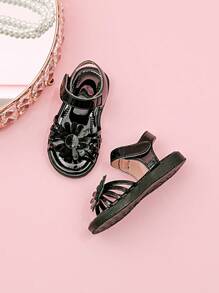 Girls' Rainbow Flower Decor Open Toe Sandals - Black - View 5