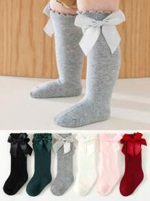 6 Pairs Baby Girl Over The Knee Socks, Long Leg Ribbed Stockings, Bowknot Accent, Solid Color, For Spring Autumn Wear, Ballet/Formal Dance - Multicolor - View 9