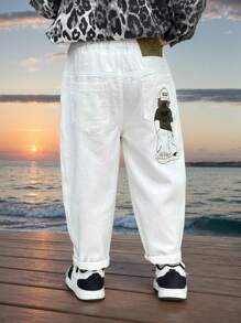 男童春季时尚后口袋卡通刺绣弹力牛仔裤 - 白色 - 查看 3