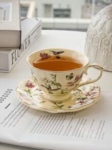 1pc Highly Attractive Ditsy Floral & Bird Motif Coffee Cup With Saucer, Vintage-Style Gold Rim Ceramic Mug, Home Afternoon Tea Porcelain Cup, Gilded Flower Tea Cup, Ideal Gift And Souvenir, Suitable For Afternoon Tea, Desserts And Gifts - Multicolor - View 5