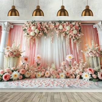 1 Piece Floral Wedding Backdrop, Pink Flower Pattern Polyester Fiber Wall Decor Suitable For Living Room, Bedroom, Office, Home Outdoor Decoration / Party Decor