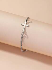 1pc Fashionable Stainless Steel Cross Decor Bracelet, Suitable For Women's Daily Accessories (Consumables) - Silver - View 2