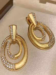 1 pieza Pendientes ovalados con strass en estilo vintage italiano, joyas de oreja europeas de lujo de doble capa, adecuados para uso diario, fiestas, vacaciones, como regalo para mujeres