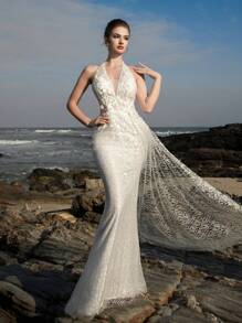 Summer Luxurious Floral Lace Beaded Embroidery Halter Deep V-Neck Sequin Backless Bohemian Wedding Dress For Bride - White - View 8