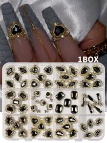1Box 60PCS Gold Alloy Nail Gems With Black Rhinestones, Hypoallergenic Nail Crystals Nail Charms Set. Heart, Octagon, Marquise, Teardrop. Salon-Grade Nail Jewelry Kit For DIY Bridal Party Nail Art - 彩色 - 查看 11