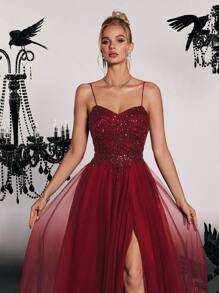 Elisanya 迷人的红色串珠薄纱高开叉细肩带晚礼服，闪亮长款礼服，女士奢华舞会礼服，A 字形礼服，派对服装，礼服，优雅礼服，适合婚礼宾客 - 酒紅色 - 查看 7