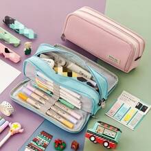 1 pieza Estuche de lápices de tela Oxford de triple pliegue con almacenamiento de bolígrafos de lona por ambos lados, 3 capas de tela resistente y un diseño espacioso para guardar útiles escolares y de oficina