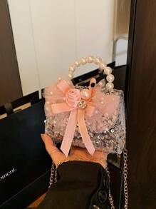 1pc Style Children'S Bag Fashionable Sequins Beaded Small Square Bag Bow Princess Girl Crossbody Coin Purse Children'S Bag New Bow Sequins Pearl Handbag Girl Princess Chain Crossbody Bag Accessories Bag Is Very Suitable As A Surprise Gift For Children - Pearl Handbag - View 16