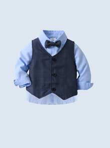 BOARNSEORL 3pcs Young Boys Gentleman Outfit - Blue Long Sleeve Shirt, Plaid Vest With Bow Tie, And Pants, Fashionable And Elegant For Formal Occasions Like Parties, Weddings, And Celebrations - Blue - View 6