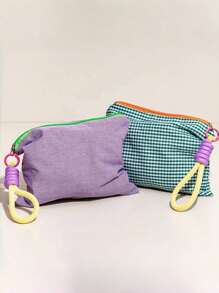 Bolsa de maquillaje a cuadros de color macaron, estuche para el período, organizador de lápices, bolsa de maquillaje con cierre para mujer, artículos escolares de vuelta al colegio - Multicolor - Ver 2