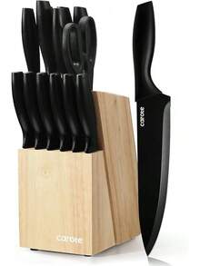CAROTE 11 Pieces Knife Set With Block For Kitchen, Stainless Steel Razor-Sharp Blade, Triple Riveted Ergonomic Handle, Wooden Magnetic Block, Essential Knife Block Set, Beigeprompt Goods - Black - View 1