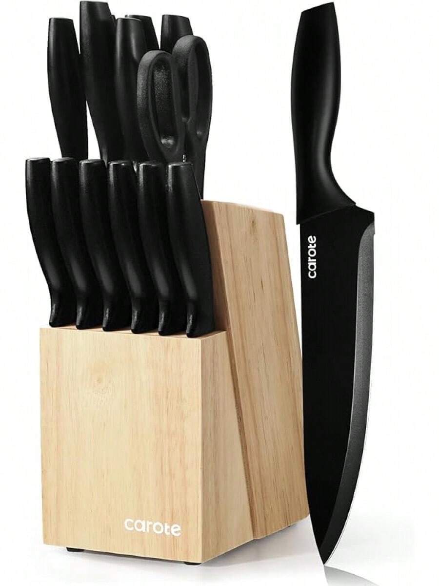 CAROTE 11 Pieces Knife Set With Block For Kitchen, Stainless Steel Razor-Sharp Blade, Triple Riveted Ergonomic Handle, Wooden Magnetic Block, Essential Knife Block Set, Beigeprompt Goods - Black - View 1