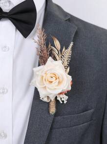 1pc Champagne Rose With Orange Daisy Faux Floral Boutonniere, Suitable For Groom, Bride, Wedding Decoration, Banquet, Party, Events