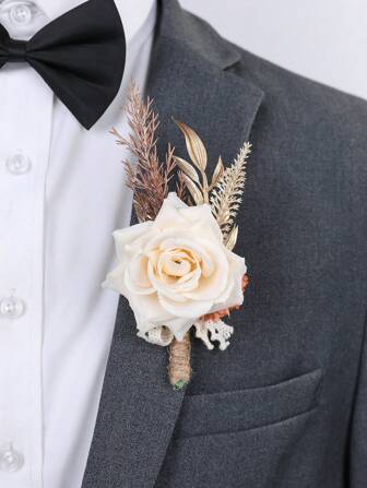 1 pieza Boutonniere floral artificial de rosa champán con margarita naranja, adecuada para el novio, la novia, la decoración de la boda, banquetes, fiestas y eventos