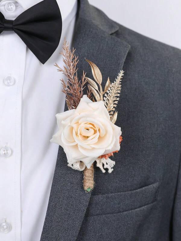 1pc Champagne Rose With Orange Daisy Faux Floral Boutonniere, Suitable For Groom, Bride, Wedding Decoration, Banquet, Party, Events
