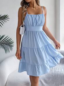 Spring/Summer Casual Ruched Cami Mini Dress, Resort Vacation Style - Blue - View 1