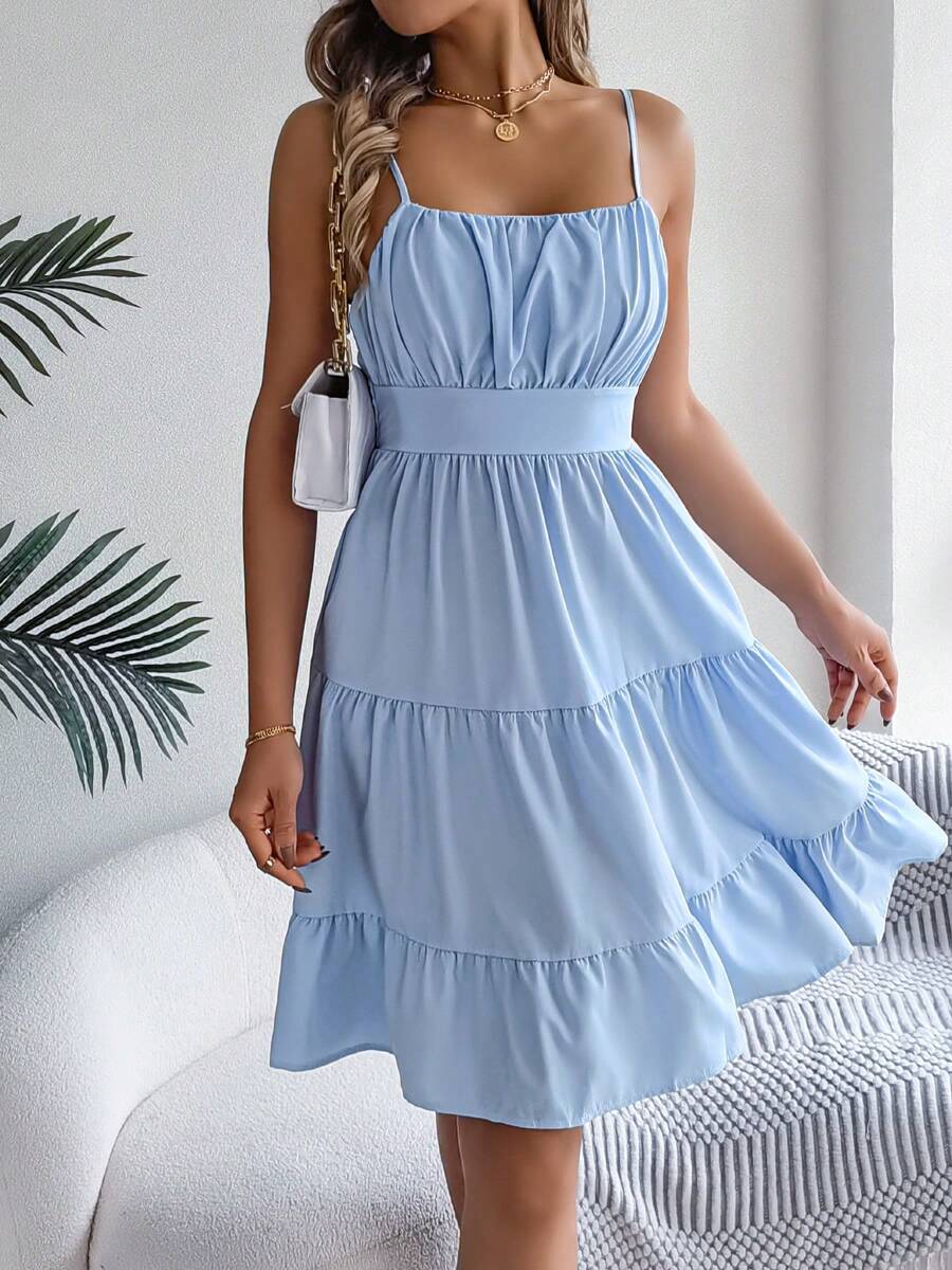 Spring/Summer Casual Ruched Cami Mini Dress, Resort Vacation Style - Blue - View 1