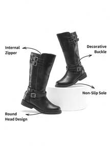 Unisex-Child Black Buckle Knee High Riding Boots - Black - View 9