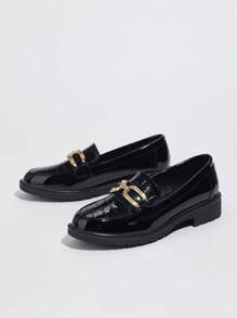 Women's Black Patent Leather Slip-On Loafers, Round Toe With Metal Buckle, Suitable For Work And Casual Occasions, Showcasing Fashionable Charm - Black - View 6