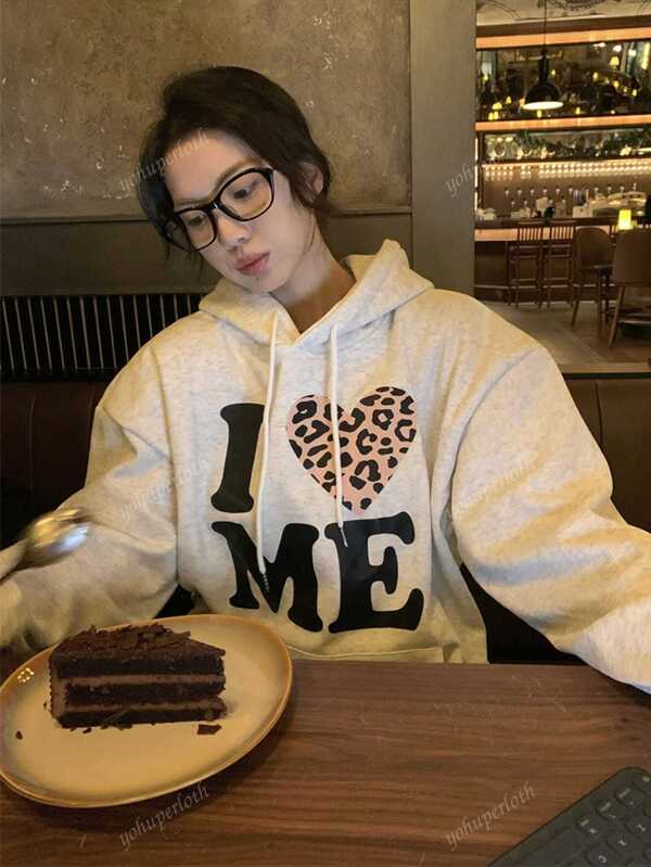 Leopard Print Heart Letter Graphic Casual Hoodie Sweatshirt