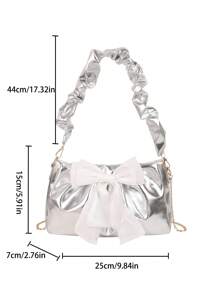 Bolso de mano plisado en forma de media luna con decoración de lazo de pañuelo de seda, bolso de mano con forma de nube casual con correa de cadena metálica, bolso bandolera cruzado