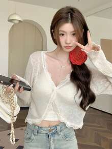 Women's Blue Lace Trim V-Neck Cover Up, Cute Back To School Summer Shawl Lightweight Outerwear