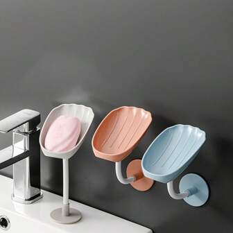3-In-1 Multi-Color Wall-Mounted Soap Dish Set, Includes Plastic Shell Soap Holder, Draining Soap Tray, Bathroom Soap Storage Rack, Bathroom Accessories, Bathroom Storage & Organization, No Drilling Required, Suitable For Kitchen Sponge Holder, Easy Adhesive Sticker Installation Home Bathroom Decor Fall Decor Back To School