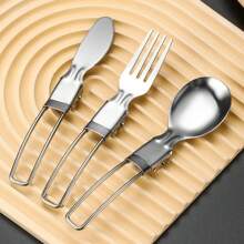 4件套便携式不锈钢折叠餐具套装，含勺子、刀叉，适合野餐、户外和露营使用，学校用品 - 彩色 - 查看 4