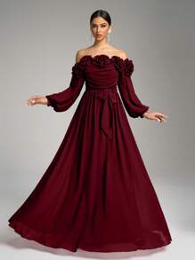 SUPGIR Off-Shoulder Kleid mit Laternärmeln, floralem Dekor, elegantes A-Linien Langkleid, Brautjungfernkleid