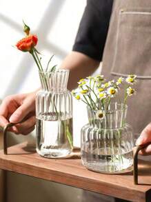 1pc Retro Striped Glass Vase, Simple Clear Glass Flower Vase With Flower Bud Decor, Home Desktop Decoration Flower Arrangement Vase Ornament For Flower Care,Room Decor Home Decor Bedroom Decor Bathroom Decor Wedding Living Room Decor Room Decoration Stuff Wedding Decor