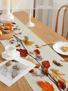 Camino de mesa con hojas de otoño, diseño de follaje otoñal al estilo europeo, mantel rectangular tejido 100% de lino, para fiestas, cocina, chimenea, comedor y decoración de hogar rústico
