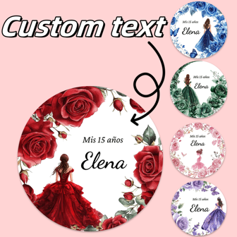 Pegatinas personalizadas de corona de 15 años, etiquetas de decoración de fiesta de cumpleaños de 15 años personalizadas, pegatinas de corona y mariposa, impresión gráfica