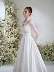 Vestidos de baile glamorosos, nobres, com decote em V, estilo Bridgeton, vintage, renda branca, manga comprida, para mulheres, elegantes, linha A, vestidos de noiva com cauda, temporada de casamentos, noiva