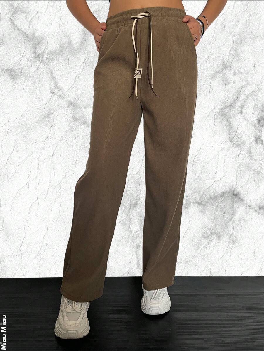 Women's Straight Leg Pants, With A Casual And Elegant Design, Cotton And Polyester Fabric, Functional Pockets, Natural Waist Adjustment With Elastic And Double Drawstring, Ribbed Texture, Fresh And Light, Ideal For Spring, Summer And Early Fall Seasons. - 駝色 - 查看 1