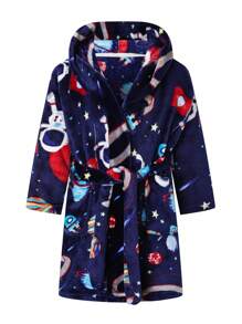Boy's Flannel Thick Bathrobe, Long Sleeve Hooded Astronaut Printed Soft & Comfortable Sleepwear, Suitable For After Bath, Autumn/Winter