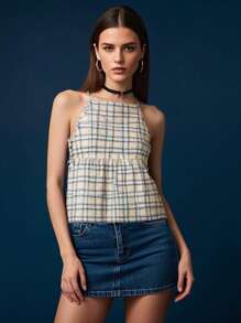 Women's Tie Strap Tank Tops Solid Plaid Pattern Side Ties Sleeveless Spaghetti Straps Camisole for Summer - Caqui - Ver 5