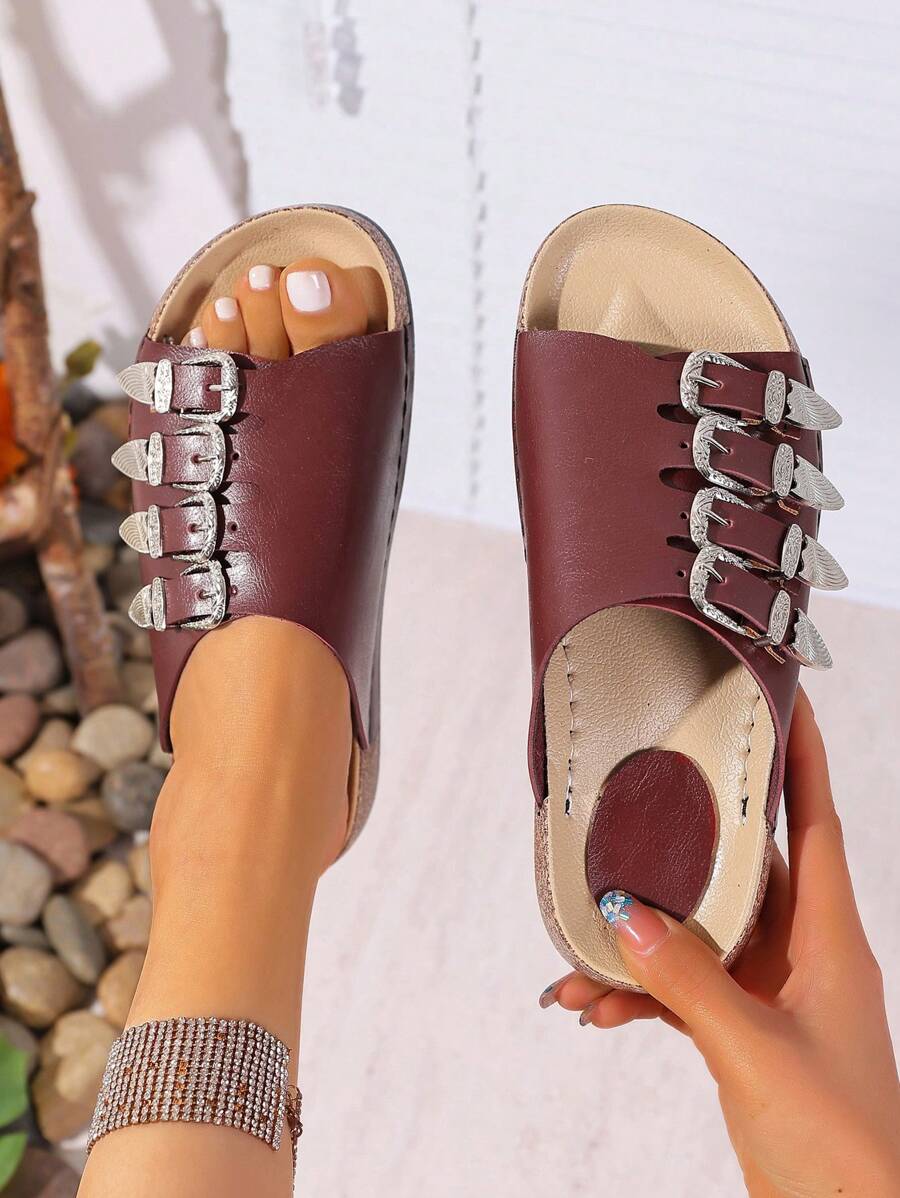 Women's Fashion Slip-On Sandals, Coffee Minimalist Buckle Decorated, High-End Casual Beach Slippers For Summer - Coffee Brown - View 1