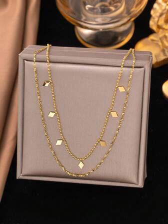 1 件金色双层流苏串珠不锈钢项链，男女皆宜，简约，街头风格，休闲