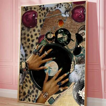 1 peça 1 peça 1 peça Arte de parede com música retrô, pôster de leopardo com arte negra, pôster de garota fashion, impressão de toca-discos, festa adequada para decoração de casa e escritório, quarto, corredor, sala de aula, pintura a óleo para casa e decoração de arte mural, decoração de banheiro